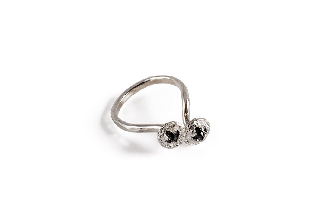 Open Silver Ring decorated by Silver Eucalyptus Seeds filled with black Zircon Stones